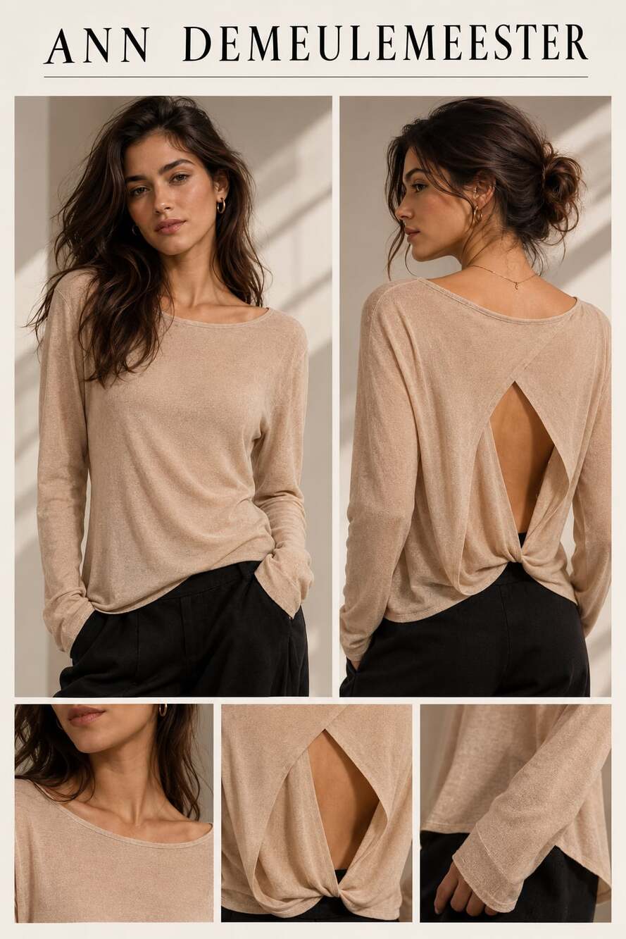 Ann Demeulemeester Beige Rayon Silk Cashmere Blend Open-Back Long Sleeve Top